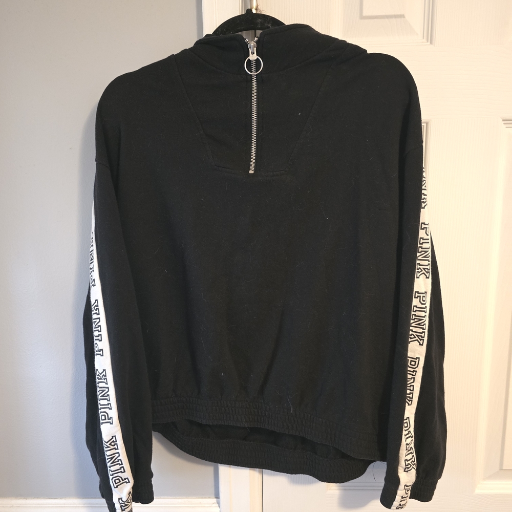 Victoria's Secret PINK Black Half-Zip Crew Sweatshirt with White Sleeve Tape